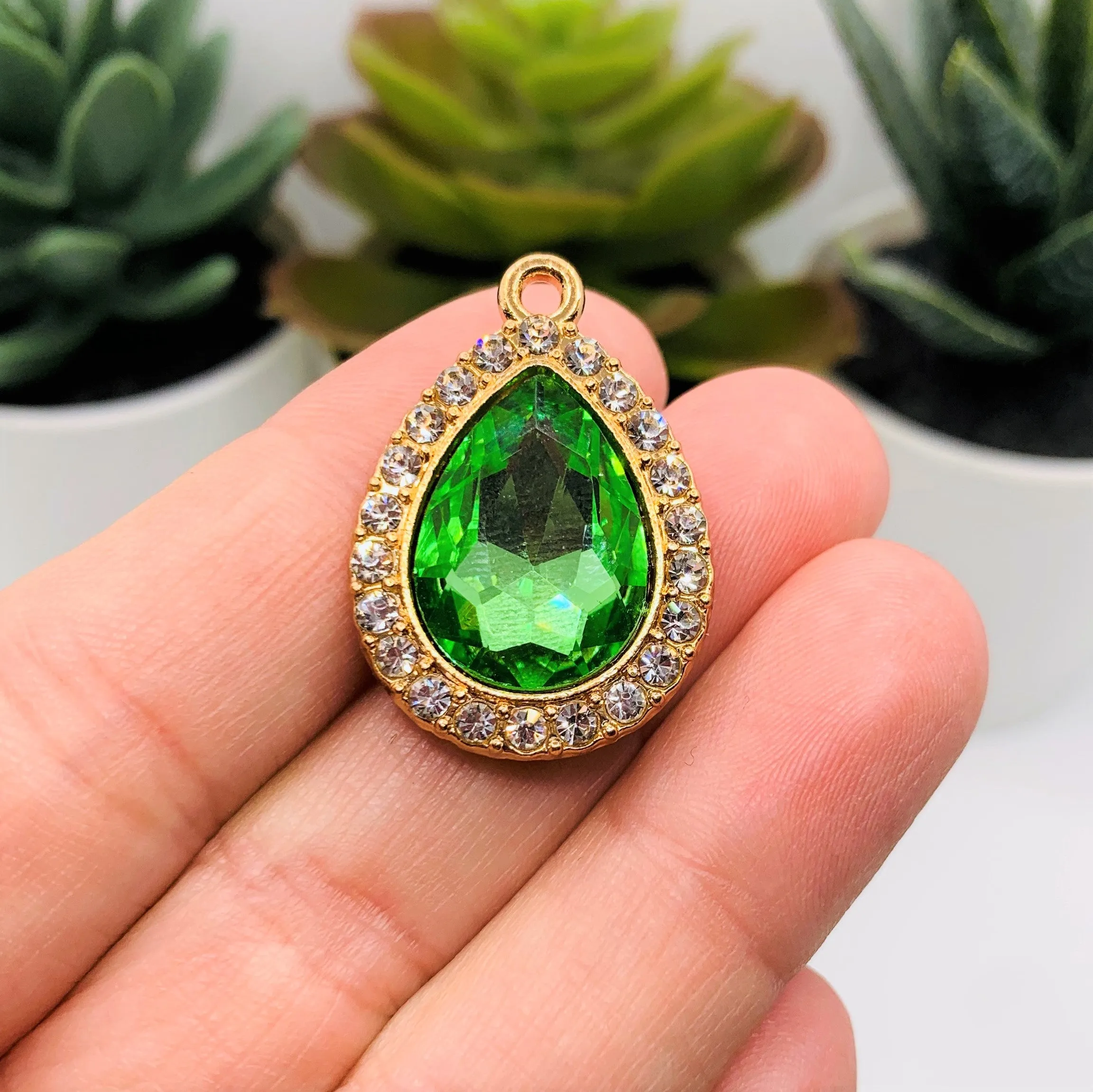 2 Pieces Bright Green and Diamond Rhinestone Pendants