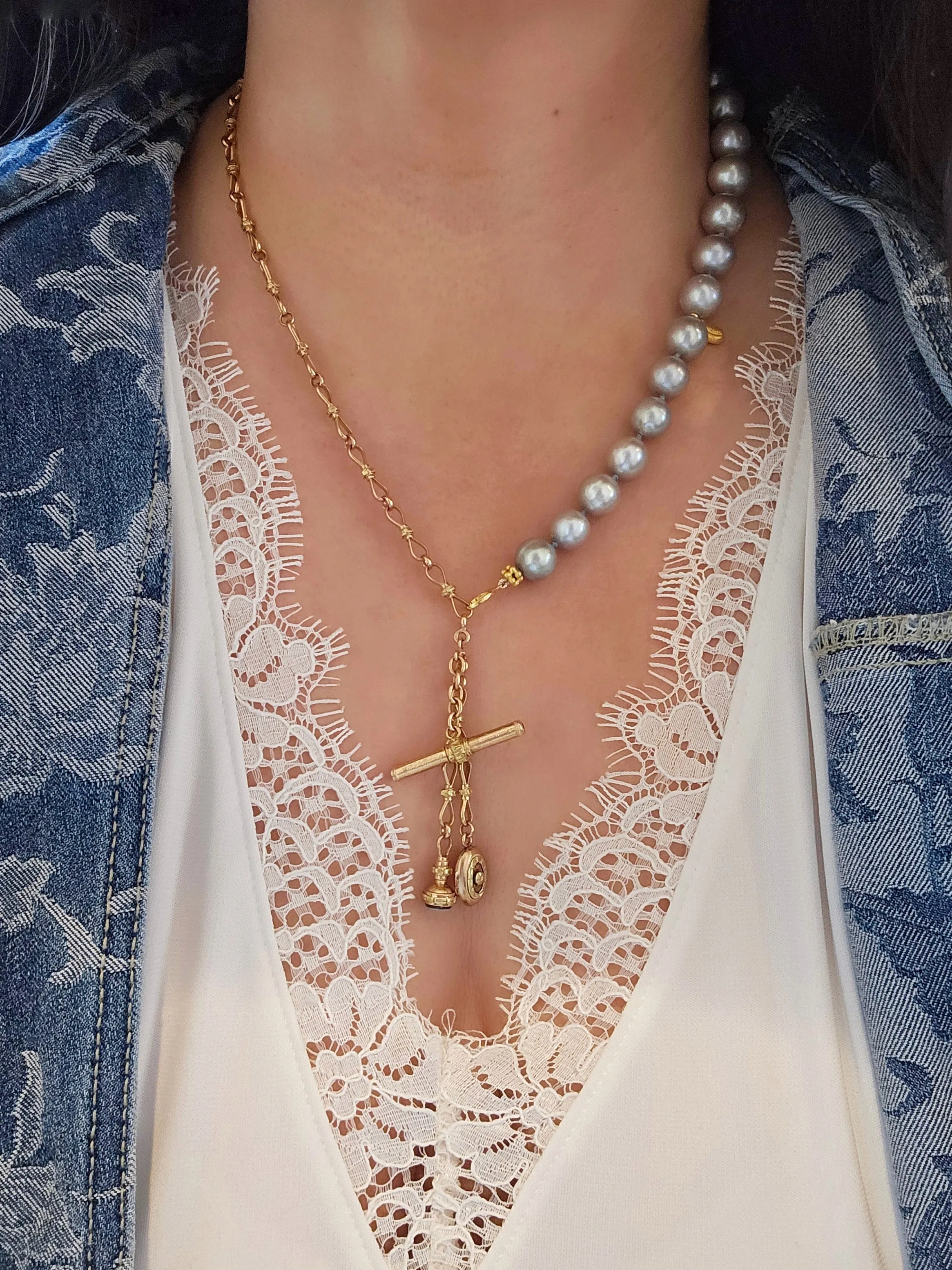 2IN1 - Antique 18K Yellow Rose Gold Two Tone Watch Chain with Key, Locket and Fob, Freshwater Pearl Feather Charm Bracelet Combo | Indulgems | Designs in Real Gold