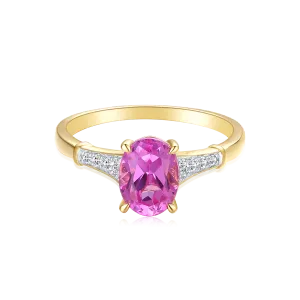 9ct Yellow Gold Oval Cut 8x6mm Created Pink Sapphire 0.10 Carat tw Rhodium Plated Ring