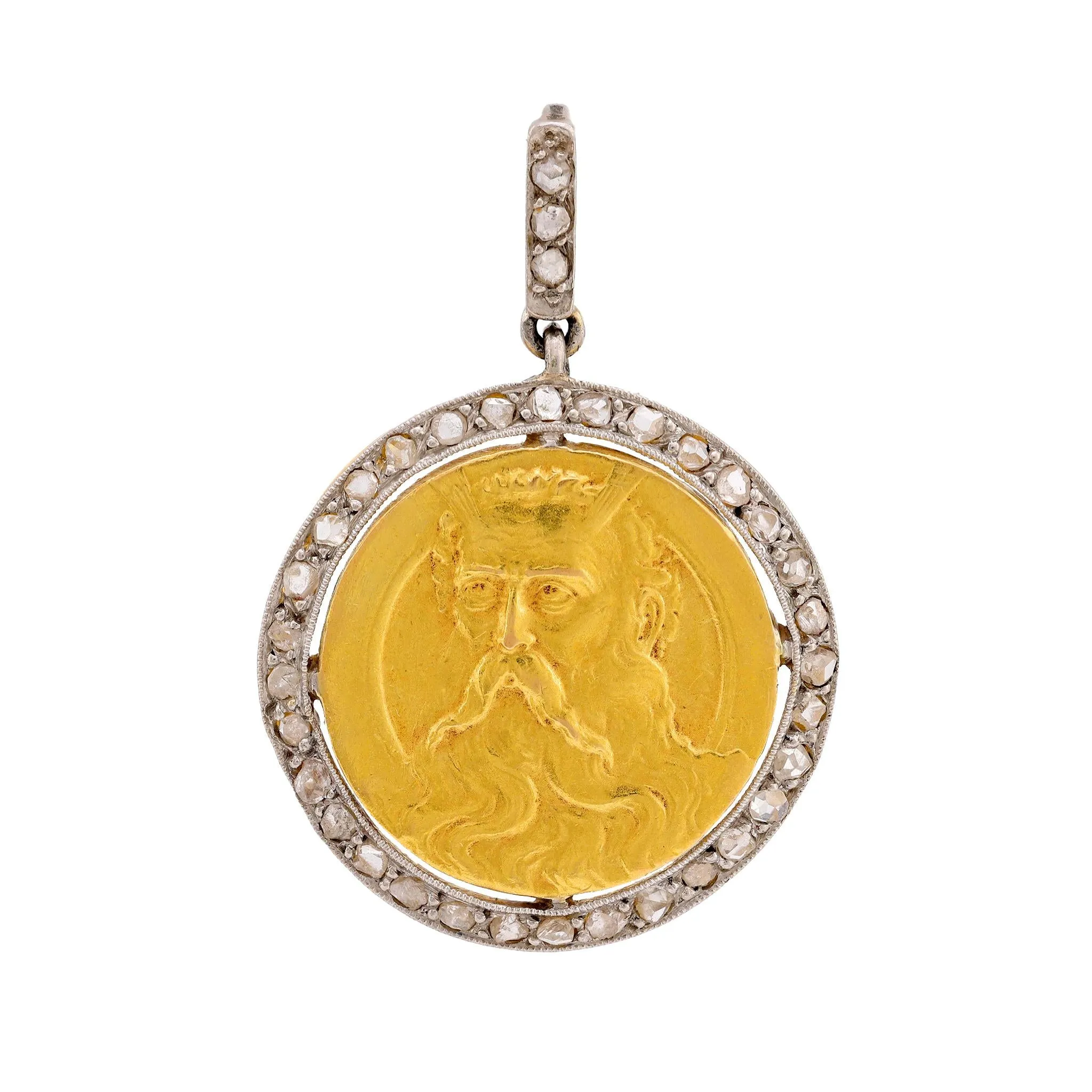 Antique French diamond 18k yellow and white gold coin pendant