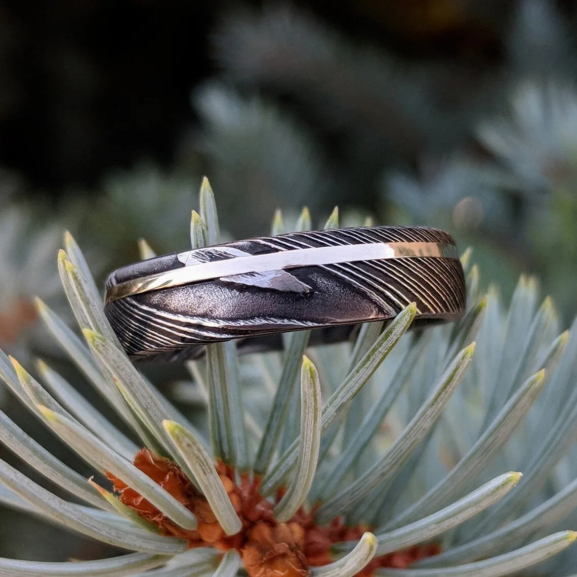 Damascus Steel Mens Wedding Band with 14k Solid White Gold Inlay