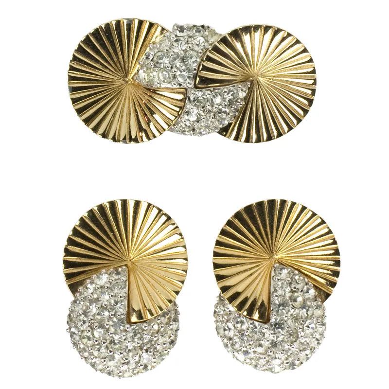 Gold Disk & Diamanté Brooch & Earrings Set by Pennino Bros.