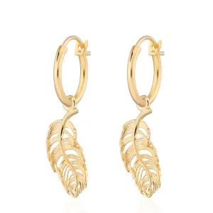 Gold Plated Feather Charm Hoop Earrings