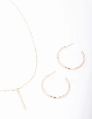 Gold Slim Stick Necklace & Earrings Jewellery Set