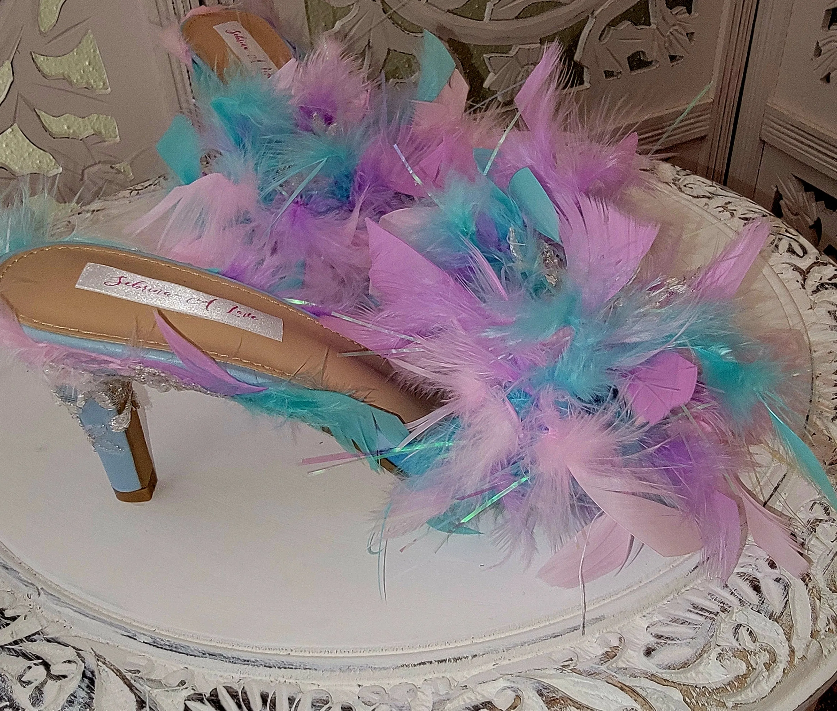 "WENNA" Ethereal Princess Watercolor Rainbow Feather Lace Heels