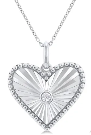 Sterling Silver Heart Shape Fluted Medallion Diamond Pendant